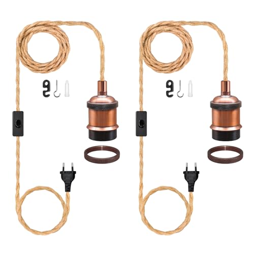 2 Piezas Lámpara de Cuerda de Cáñamo con Enchufe y Interruptor, Borgoña Portalámparas E26 E27 con Cable Vintage de 510CM en Cuerda de Cáñamo Trenzada, Kit De Cáñamo Lámparas de Techo DIY