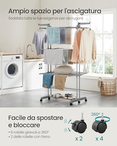 SONGMICS Stendibiancheria, Stendino Pieghevole a 4 Livelli, con Ruote e Ali Richiudibili, 63,5 x 125,5 x 173 cm, Capiente, Uso Interno ed Esterno, Grigio Tortora LLR703G01 - Immagine 2