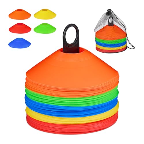 Relaxdays Markierungshütchen Fußball 80er Set, 5 Farben, Halter & Tragetasche, HxD: 5 x 19 cm, PE, Fußballhütchen, bunt