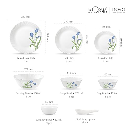 Image of La Opala Novo Collection Opal Glass Crockery | for Family of 6 | Dinner Set 35 pcs Tender Trio | Plates & Bowls for Dining | Microwave Safe | 100% Vegetarian | Extra Strong | Light & White
