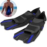 Amazon Brand - Eono Kurzflossen verstellbar Made in Italy - Kurze Flossen für Erwachsene mit Flossentasche zum umhängen | Schwimmflossen für das Schnorcheln & Training (42-47, Blau)