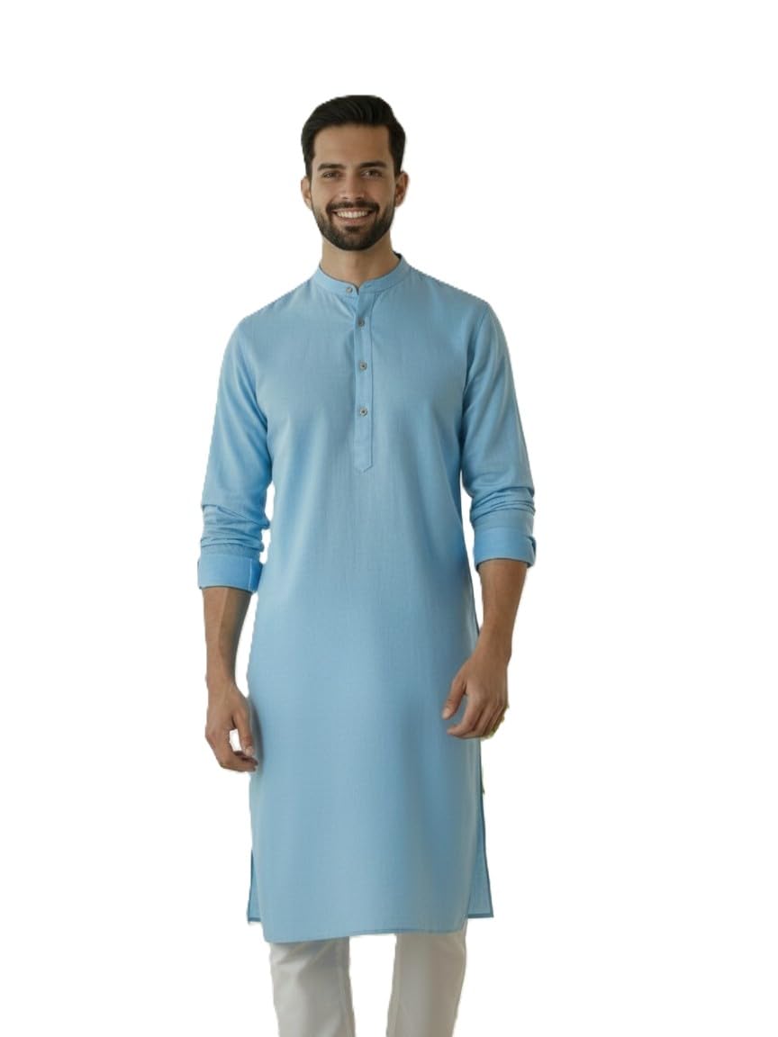 Men's 100% Cotton Solid Long Length Casual Kurta - Regular Fit (Available in Plus Sizes)-picture-26