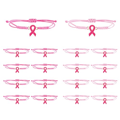 16 Pcs Breast Cancer Awareness Bracelets Adjustable Pink Ribbon Bracelets for Fundraiser Events Survivor Support
