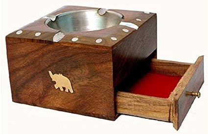 ART AND CRAFT INDIA Table Top Decorative Handmade Sheesham Wooden Ashtray with Drawer (Cigarette/Cigrate/Cigar Holder) (5 inch, Brown)