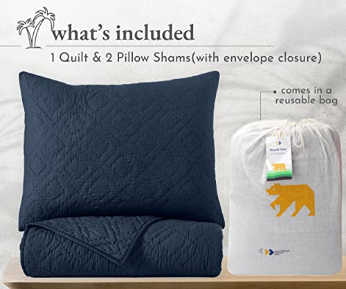 California Design Den Soft 100% Cotton Hand-Quilted Navy Blue Quilt King 3 Pc, Pure Cotton Fabric & Fill, 3 Pc Set King Size With Shams, Pre-Softened, Diamond Pattern (Navy Blue) #TOP3