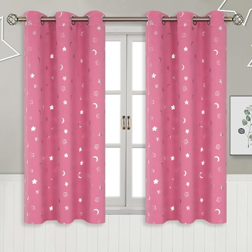 Image of BGment Pink Curtains for Girls Bedroom 45 Inch Long, Short Star and Moon Blackout Curtains for Nursery, Thermal Insulated Room Darkening Small Window Curtains with Grommet for Kids, 42 Wide, 2 Panels
