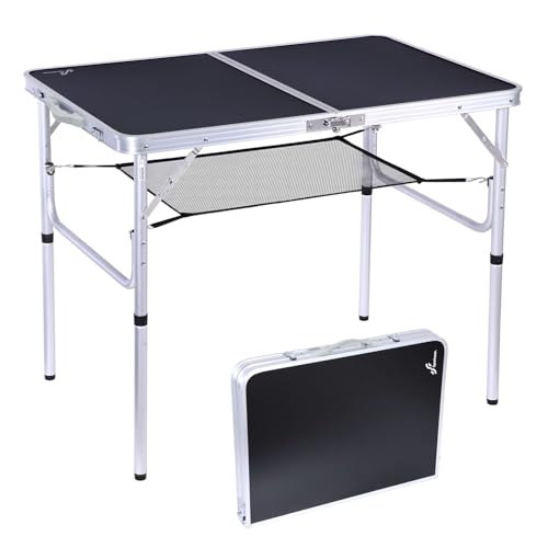 Sportneer Mesa de Camping de Altura Ajustable con Capa de Malla, mesas de Campamento Plegables portátiles de 90x60cm con Patas de Aluminio para Campamento al Aire Libre, Picnic, Playa