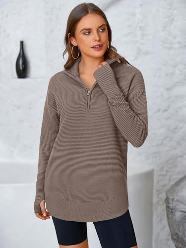 Image of PRETTYGARDEN Womens Long Sleeve Quarter Zip Pullover Sweater | Casual Loose V Neck Sweaters with Thumb Hole, Collared Ribbed Knit Jumper Tops, Oversized Tunic Tops, Fall Outfits 2026