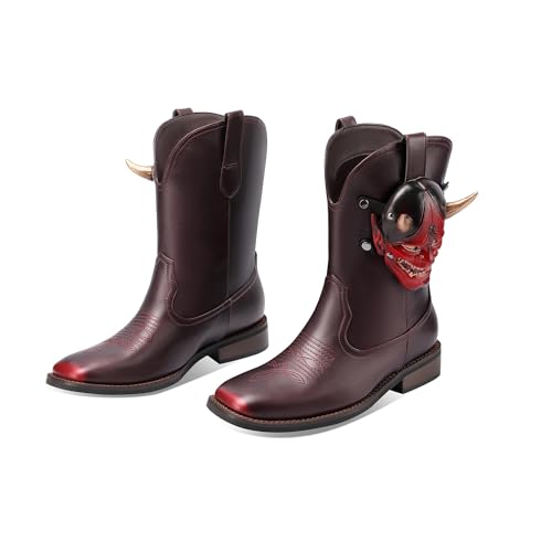 Men's Western Cowboy Boots Vintage Classic Halloween Ghost Mask Square Toe Low Heel Mid Calf Boots3