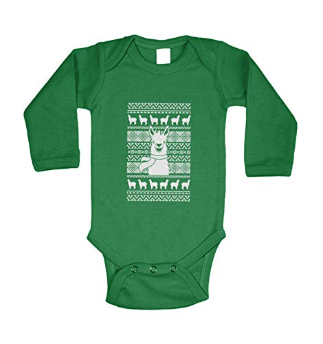 Haase Unlimited LLama Ugly Christmas Sweater Pattern - Long Sleeve Bodysuit (Kelly, 18 Months)