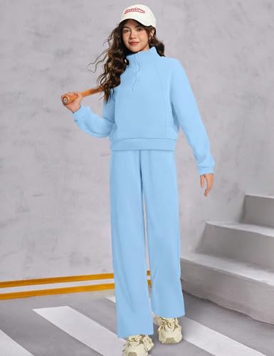 Image of BAVADER Girls Clothes 7-14Y Solid Color Half Zip Pullover Sweatshirt Fleece Lined Kids Sweatpants