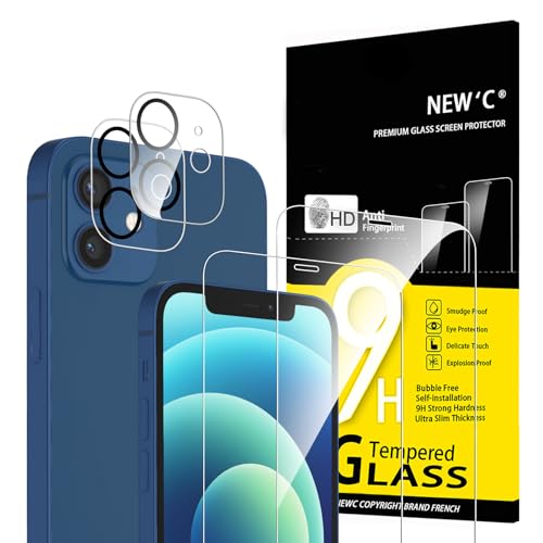 NEW'C 4 Pack, 2 x Protector Pantalla para iPhone 12 y 2 x protector de pantalla de cámara trasera – sin burbujas de aire – Ultra resistente – Dureza 9H Glass