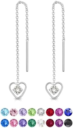 DTPsilver® 925 Sterling Silver Pull Through/Thread Style Drop Chain Earrings & Dangling Heart with SMALL Round 3 mm Glittering Crystals from Swarovski® Elements - Length 68 mm