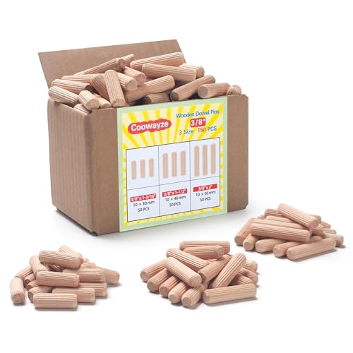 Wooden Dowel Pins 3/8 inch, 150 PCS Fluted Wooden Pegs, Hardwood Wood Dowels for Crafts, Kiln-Dried Fluted & Beveled Design for Woodworking, Furniture, Crafting & DIY Projects