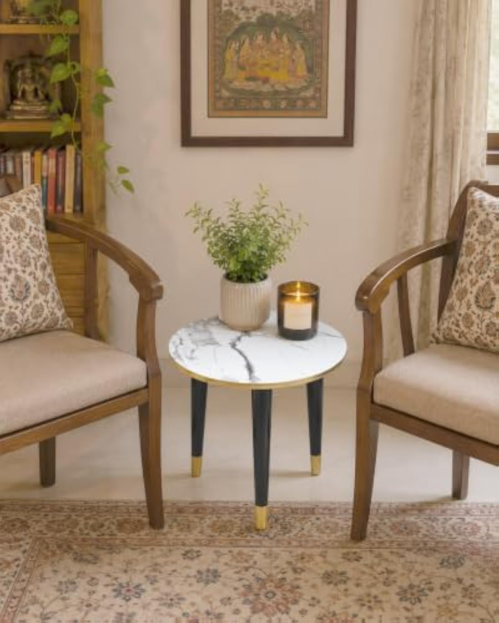 Pine Wood Bedside Table with Round Sunmica Top