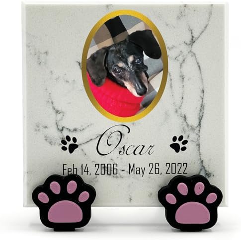 TULLUN Personalised Memorial White Marble Stone Plaque With Paw Dispaly Stand For Pet Cat Dog Grave Marker - Size |4" x 4" or 10 x 10 cm|- Angel Wings Name
