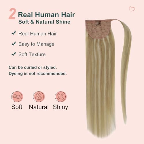 Image of Easyouth Ponytail Human Hair Extensions Wrap Around Ponytails Human Hair Golden Blonde Highlighted Light Blonde Straight Pony Tail Hair Extensions Add Volume for Women Party Wear 14Inch 70g
