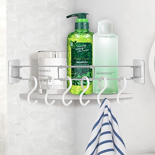 Image of RV Shower Corner Storage Bar-Adjustable Stainless Steel Tension Rods with 6 PCS Hooks,RV Camper Travel Trailer Boat Bathroom Organization Must Have Accessories for Securing Toiletries