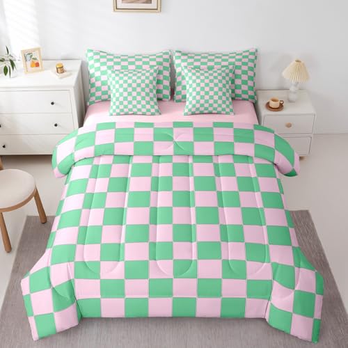 Image of Erosebridal Girls Cute Plaid King Comforter Set with Sheets 7 Piece,Pink Green Checkered Bed in A Bag for Kids Teen Geometric Checkerboard Bedding Sets,Aesthetic Grid Bed Set with Comforter
