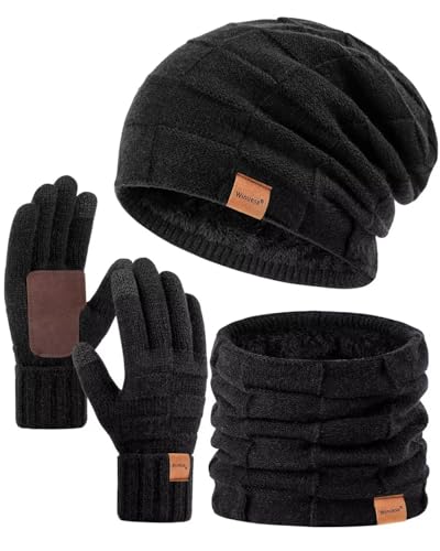 Winuesa Set invernale da uomo e da donna, con cappello e sciarpa e guanti termici foderati in pile morbido, berretto da neve lavorato a maglia, cappello invernale 3 in 1, guanti touch screen,
