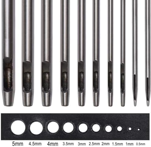 kuou 10 Pcs Hole Punch Cutter, 0.5mm-5.0mm Round Steel Hollow Punch Set for Leather Watch Band Canvas Eyelet Paper Plastics