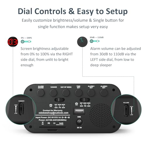 Image of Odokee Digital Dual Alarm Clock for Bedroom, Easy to Set, 0-100% Dimmer, USB Charger, 5 Sounds Adjustable Volume, Weekday /Weekend Mode, Snooze, 12 /24Hr, Battery Backup, Compact Clock for Bedside(Red)