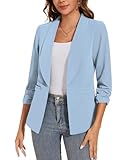 LADI TREND Blazers for Women Business Casual Work Office Jackets Blazer Open Front 3/4 Ruched Sleeve Lapel Jacket Outfit *Light Blue,Size M*