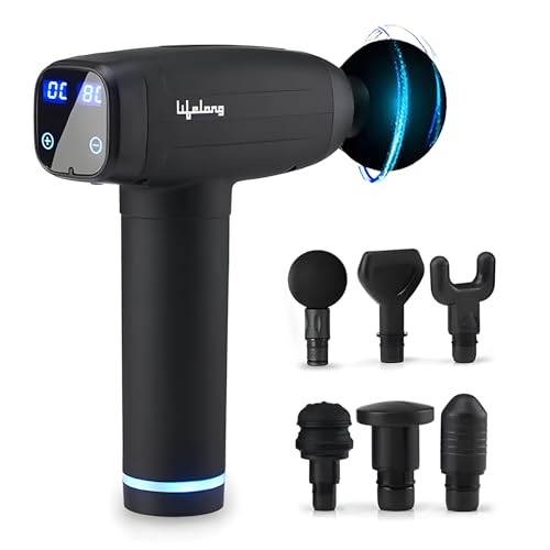 Image of Lifelong Gun Massager | Percussion for Full Body Pain Relief | 6 Heads | LED Touch | 30 Speed Levels | 1 Year Warranty (LLGM09, Black)