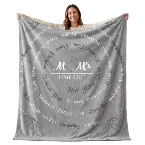 Mom's Time Out Throw Blanket – Mothers Day Blanket for Mom, 50x60 Ultra-Soft Flannel Sentiment Blanket with 35 Affirmation Words, Mom Gift from Daughter Son, Birthday Christmas (Gray)