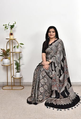 Image of SATIKA VASTRAM Modal Silk Ajrakh Saree Bandhani Design Crepe Printed Designer Pallu Attach Blouse Piece