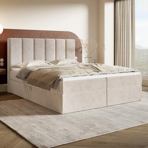 MOTIVENA Santiago Boxspringbett 180x200 Beige Samt, mit...
