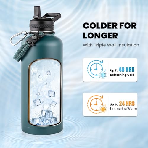 Image of RAYMYLO Insulated Water Bottle 87 oz, Triple Wall Vacuum Stainless Steel (Cold for 48 Hrs), Leak Proof & Non-BPA, Modern Water Flask Jug with Paracord Handle & Straw Spout Lids, Dark Green