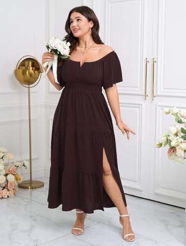 Image of SCOMCHIC Womens Plus Size Maxi Dress Formal Short Sleeve Square Neck Smocked Side Split Flowy A Line Tiered Long Dress