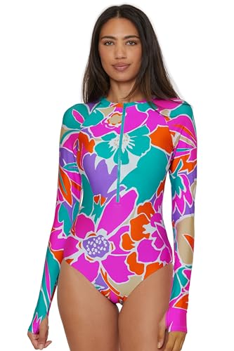 Trina Turk - Women's Paddle One Piece Swimsuit, Rash Guard, UV Protection, Zip Front, Long Sleeve, Bathing Suits for Women, Amalfi, Medium