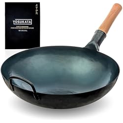 YOSUKATA 14” Round Bottom Carbon Steel Wok Pan – Blue Pre-Seasoned Pow Wok for Stir Fry, BBQ & Camping – Traditional Japanese & Chinese Cookware – Compatible with Gas Stoves & Open Fire Only