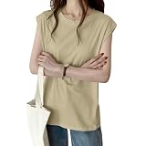 [PALAME] タンクトップ レディース Tシャツ 無地 クルーネック 【細腕肌見せ・抜け感・自由にコーデ】 ノースリーブTシャツ フレンチスリーブ トップス 着痩せ 柔らか 通気 涼しい カジュアル おしゃれ 重ね着 オフィス 通勤 日常 夏 (JP, アルファベット, 2XL, カーキ)