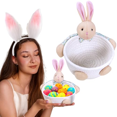 Easter Bunny Eggs Storage Basket Rabbit Candy Cookies Woven Holder Basket Candy Bowl Chocolate Dish Desserts Container Decorative Cotton Rope Woven Basket for Party Holiday Table Desk Decoration