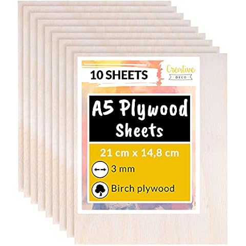 Creative Deco 10 x A5 Plywood Sheets | 148 x 210 x 3mm Baltic Birch Wood Ply | Perfect Board for Wood Board DIY Home Decor, Arts, Craft, Painting, Laser Cutting, CNC, Scroll Saw, Stenciling Pyrography Cover