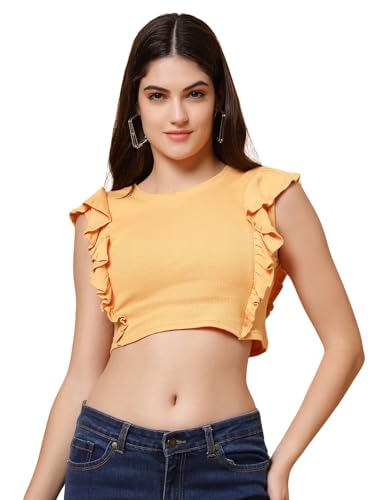 Image of Women's Round Neck Sleeveless Side Frill Design Pure Cotton Crop Top - Comfortable & Stylish Summer Top for Casual Wear