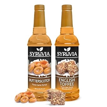 Syruvia Butterscotch & English Toffee Coffee Syrup - 25.4 fl oz Premium Coffee Flavoring Syrup. No Coloring, Kosher, and Gluten-Free. Perfect for Drinks, Sodas, Shakes, Desserts, More.