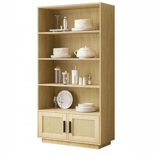 MERXENG 59" Tall Boho Bookshelf with Rattan Doors, 5-Tier Farmhouse