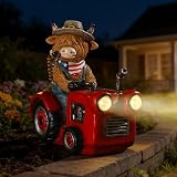 TOLIMI Solar Highland Cow Garden Statue with Tractor, Farmhouse Outdoor Yard Decor with LED Solar Lights, Cute Cow Figurine Tractor Garden Ornament for Lawn, Patio, Porch, Backyard Decorations Gifts