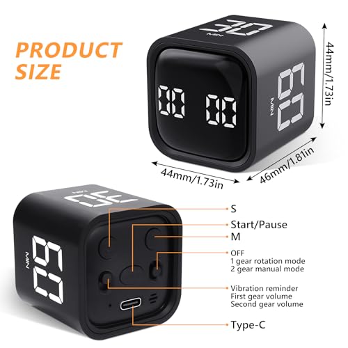Image of GuDoQi Multi-Function Cube Timer, 5 /10 /30 /60 Min & Custom Count Down, Included Pause & Resume Feature, Silent, Vibrate & Adjustable Sound Alarm for Productivity in Tasks, Study & Kitchen, Black