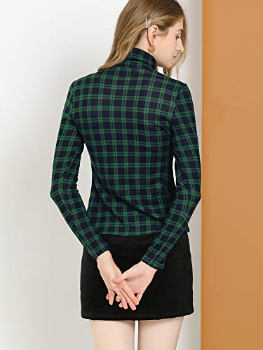 Allegra K Women's Long Sleeve Turtleneck Tops Stretch Slim Christmas Xmas Party Plaid Shirt X-Small Green #TOP4