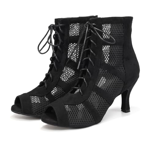 AOQUNFS Dance Heels for Women Mesh Ballroom Dance Booties Lace Up Dance Ankle Boots with Zipper2
