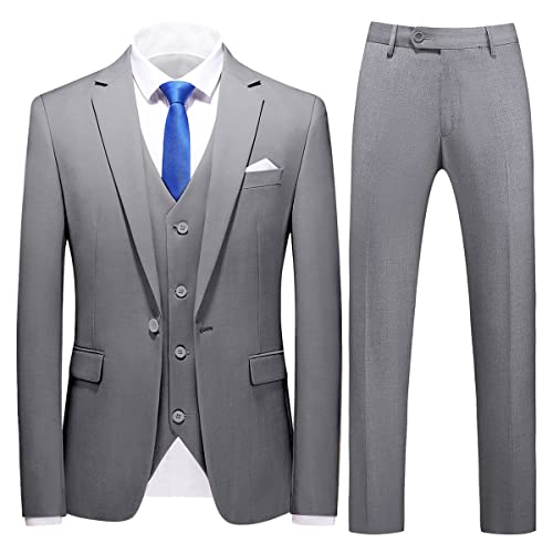 Mens Suits Slim Fit 3 Pieces Suits For Men One Button Solid Tuxedo Blazer Jacket Vest & Pants Set Prom Business Wedding Grey #TOP20