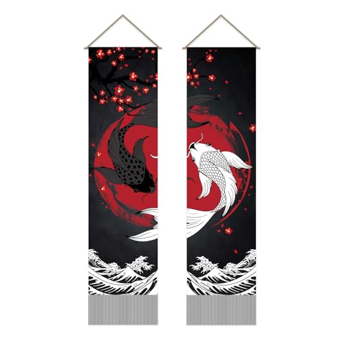 AHANDMAKER Pack of 2 Retro Yin Yang Carps Tapestries Carps Vertical Bohemian Tapestry Yin Yang Carps Tassel Tapestry Wall Hanging for Bedroom Living Room Home 13 x 51 Inch