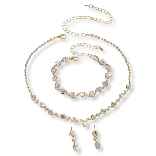 TARGONIX Parure de Bijoux 3 Pièces en Or avec Strass pour Femme - Ensemble Collier, Bracelet et Boucles d'Oreilles pour Mariage, Fête et Soirée