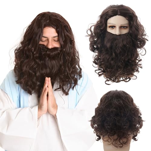 FOUNSHO Long Wig and Beard Adults Dark Brown Curly Wig for Halloween Carnival Wizard Fancy Dress Party, Wig and Long Beard Costume Fancy Dress Party Accessory for Men