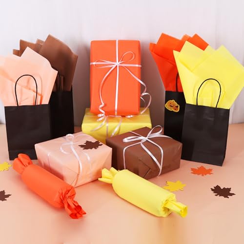 Image of BEISHIDA 100 Sheets Fall Tissue Paper Bulk, Yellow Orange Brown Wrapping Autumn Tissue Paper for Gift Bags, 14 x 20 Inch Gift Wrap for Thanksgiving Harvest DIY Crafts Decor Holiday Flowers